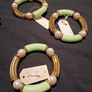 Gold-tone Hoop Bracelets And Green& Leopard Print Bracelet. Alll Stretchy NWT